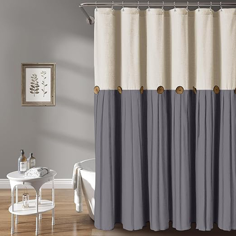YL-38290 Button-Patchwork Skirted Bathroom Shower Curtain, Cotton Linen Waterproof Button-Patchwork Bathroom Curtain