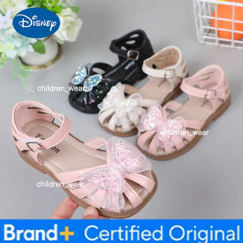 Disney 2025 Summer Girls Sandals Princess Beach Shoes Cut-outs Kids Sandals Crystal Butterfly Lace Sweet Soft Breathable Anti-kick Cute H260303