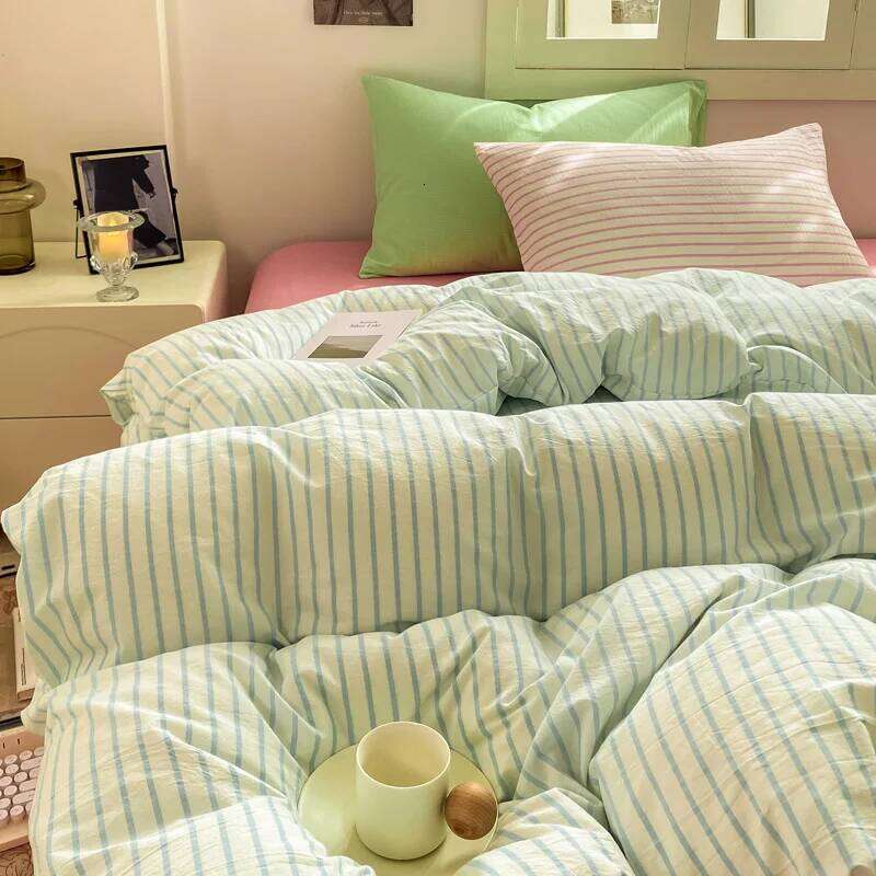 Striped Bedding Ins Korean Duvet Cover Flat Sheets With 2 Pillowcases Single Twin Full Queen Size Bed Linen Set W260302