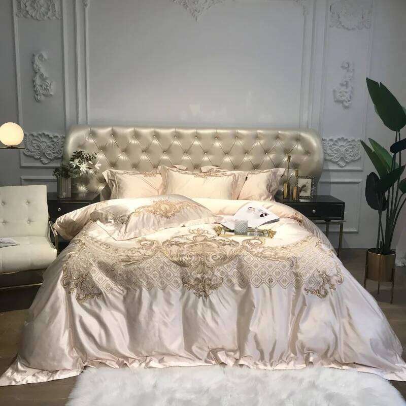 Royal Golden Embroidery European Palace Luxury Bedding Set Champagne Brocade Egyptian Cotton Duvet Cover Bed Sheet Pillowcases W260302