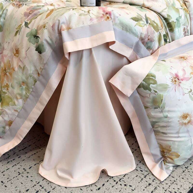 600TC Cotton Floral Leaves printed Luxury Bedding Set Duvet Cover Flat/Fitted Bed Sheet Pillowcases Double Queen King 4Pcs W260302