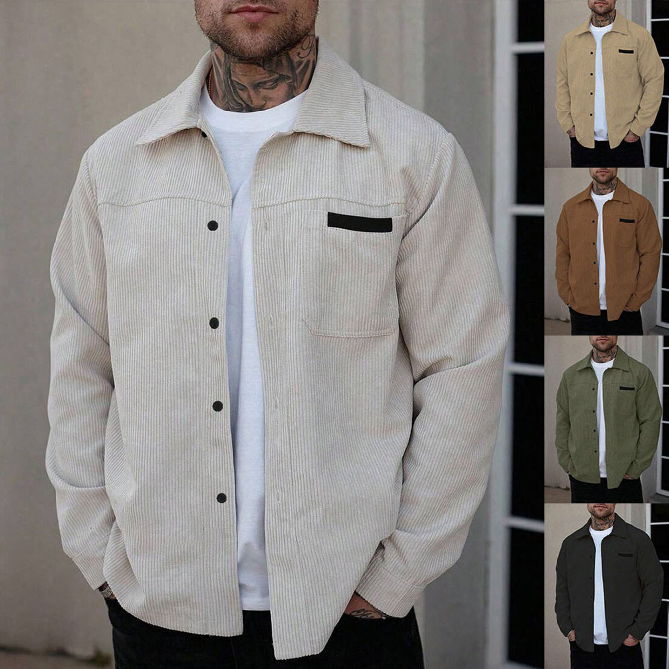 Men's Jackets Vintage Corduroy Flannel Collared Coat Slim Fit Biker Style Outerwear For Tattooed Men Fall Autumn Streetwear