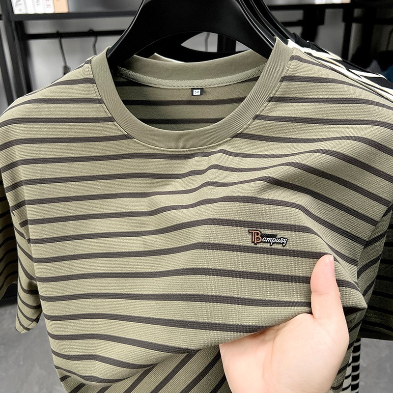 Luxury Brand Designer Clothes Striped Short-Sleeve T-Shirt For Men, 2025 Summer New Trendy Casual Versatile Tee Shirt, Round Neck Loose Half-Sleeve To