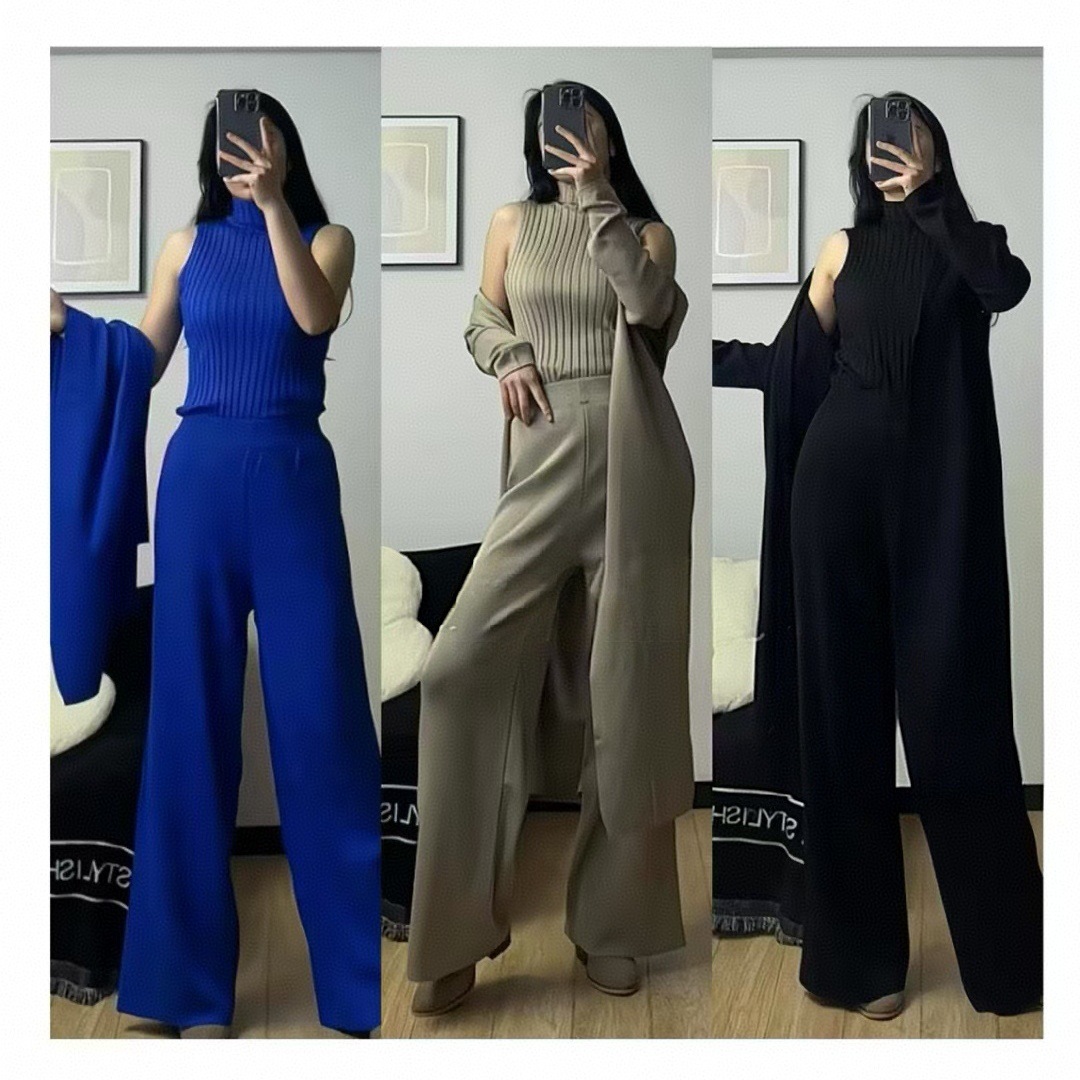 Europen Nd Americn Style Solid Color Csul Suit For Women Shwl Cot V-neck Bse Knitted Sweter Wide-leg Long Designer Pnts Pnts Three-piece Set
