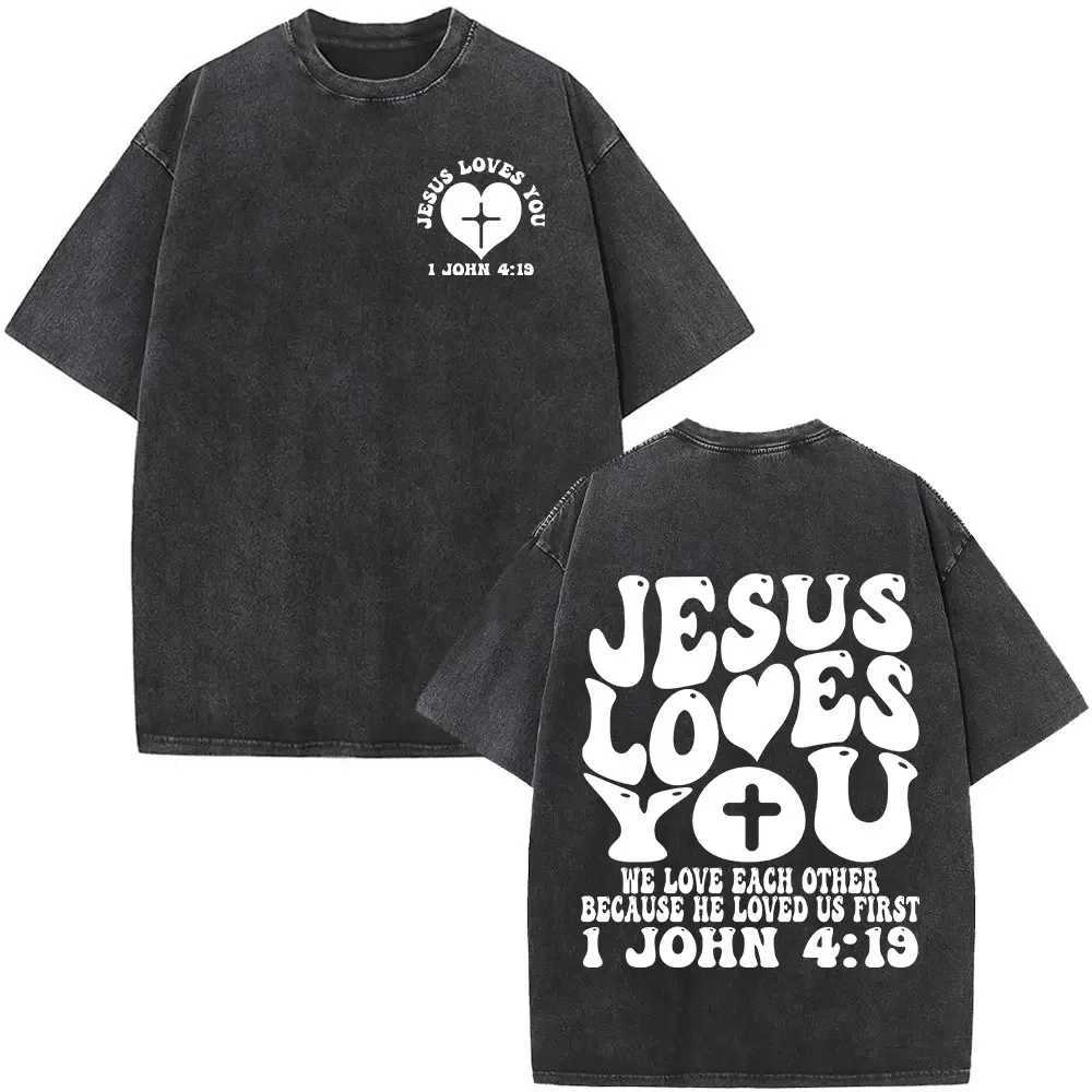 T-shirt Christian "Faith Over Fear" Bible Verse Washed Vintage Harajuku Cotton Unisex Short Sleeve TopT260303