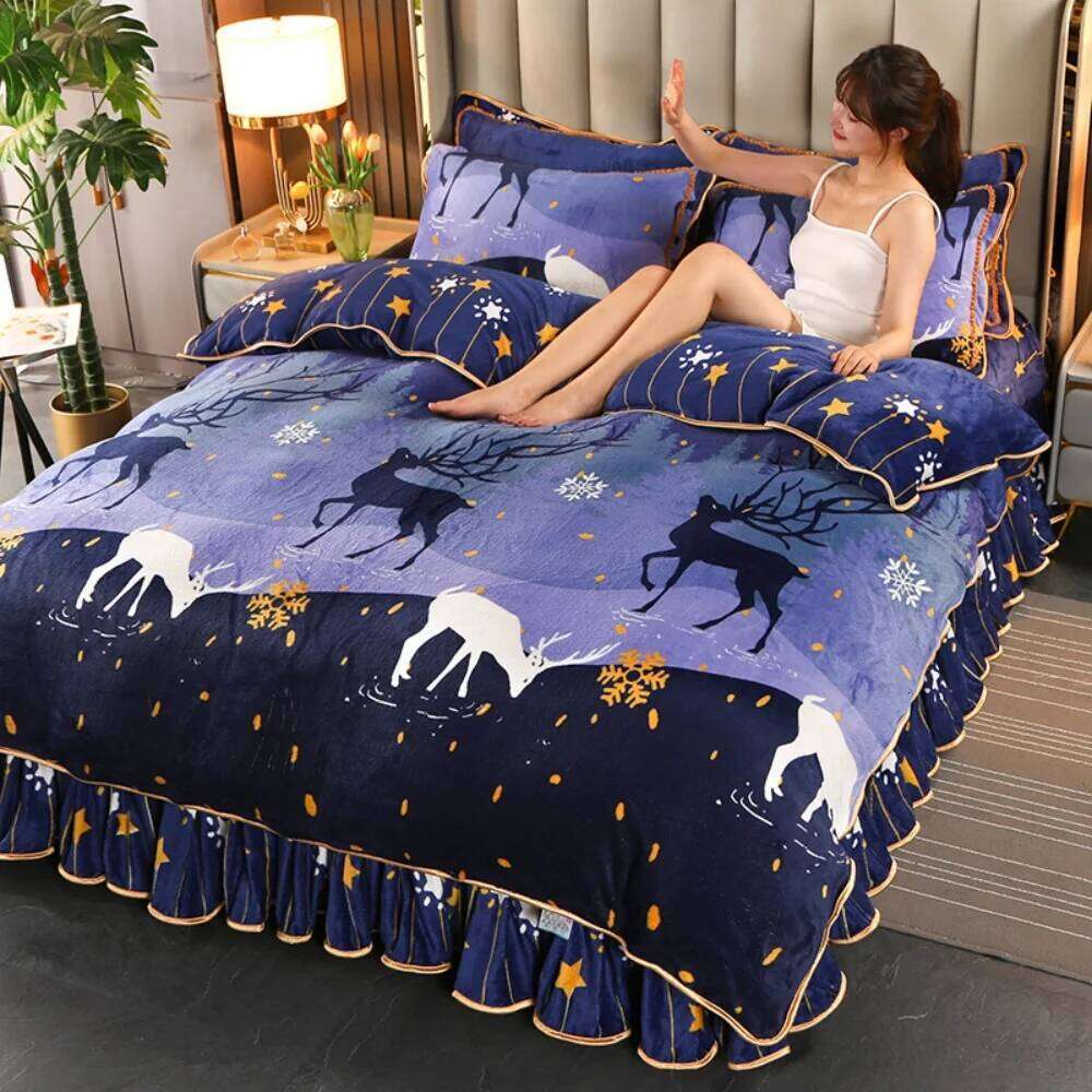 Double-Sided Milk Velvet Four-Piece Thickened Winter Warm Soft Bedding Set Floral Printed Quilt Cover Pillowcase Bed Skirt W260302 W260302