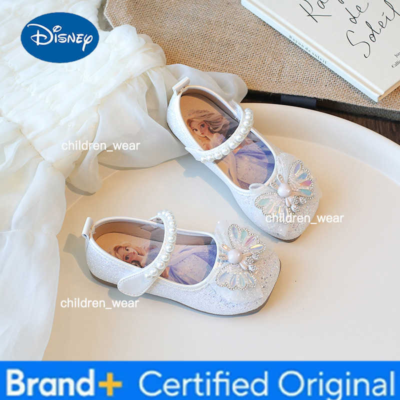 Disney Diseny KidsSandals Elsa Princess Frozen PU Leather Spring Pearl Bow Shoes For Girls Anti-slip Soft Bottom White Blue Size 23-35 H260303