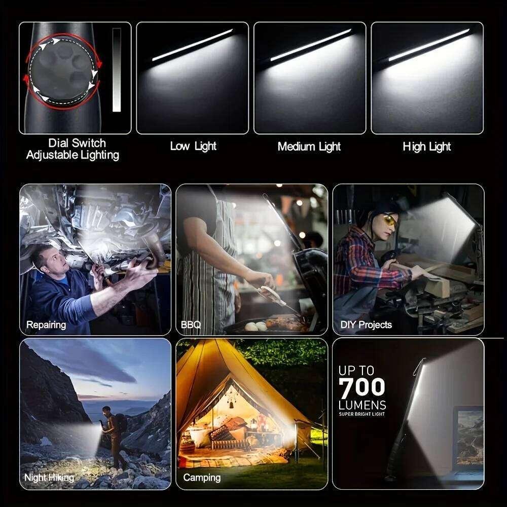 Rechargeable COB Work - 700LM Brightness Magnetic Base&Hook,Dimmable Emergency Light for Car Repair Inspection Camping S260302