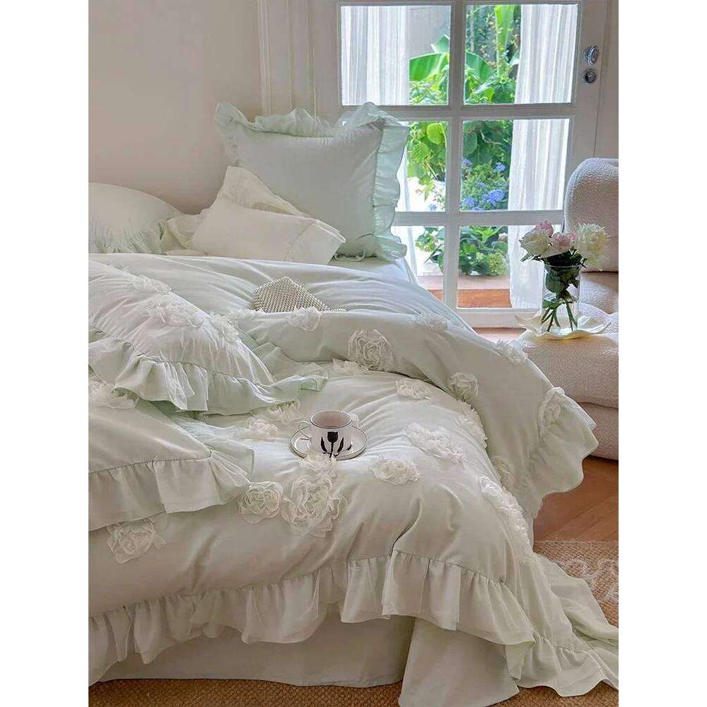 Four-Piece Cotton French Romantic Thickened Warm Household Bedding Autumn and Winter Bed Sheet Cartoon Anime Flounce Decoration W260302