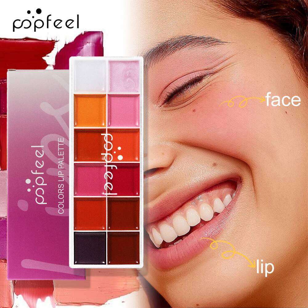 POPFEEL 12-Color Pearl Lip Gloss Palette - 2-in-1 Long-lasting Lipstick and Blush with Lightweight, Moisturizing & Matte H260302