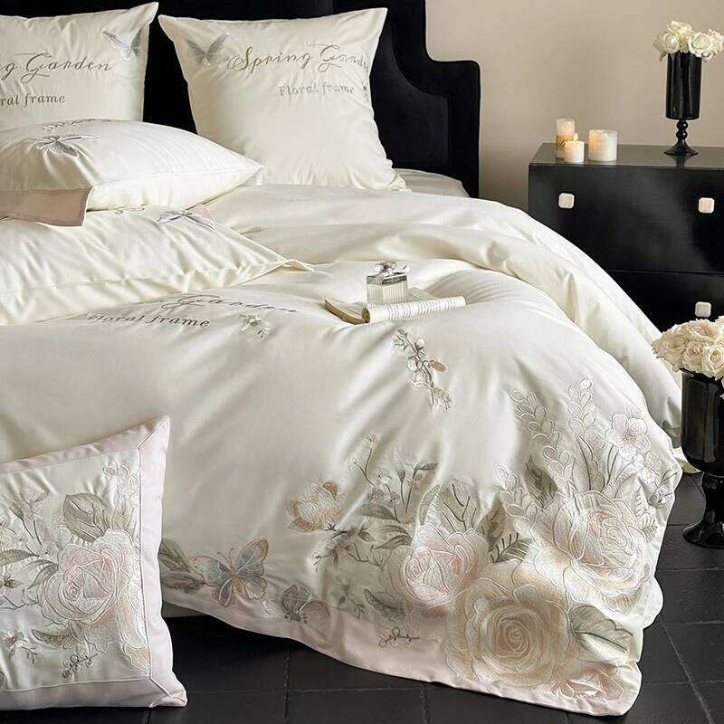 4 Piece Light Luxury Style Long Staple 100% Cotton Floral Embroidery Bedding Set Duvet Cover 200x230 220x240 Four Seasons W260302