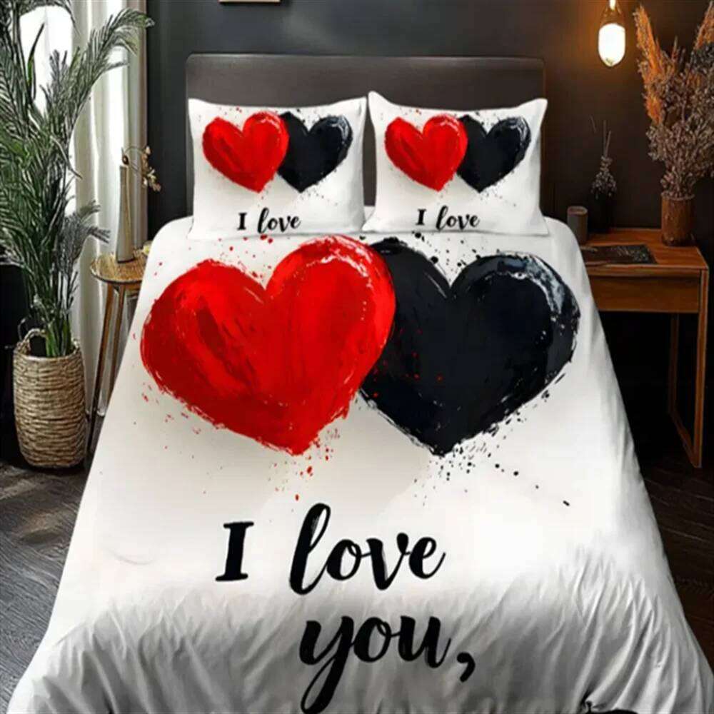 3D Love Heart Design Duvet Cover Set, 100% Polyester, Abstract Pattern, All-Season Soft Sanded Fabric Digital Bedding Set W260302