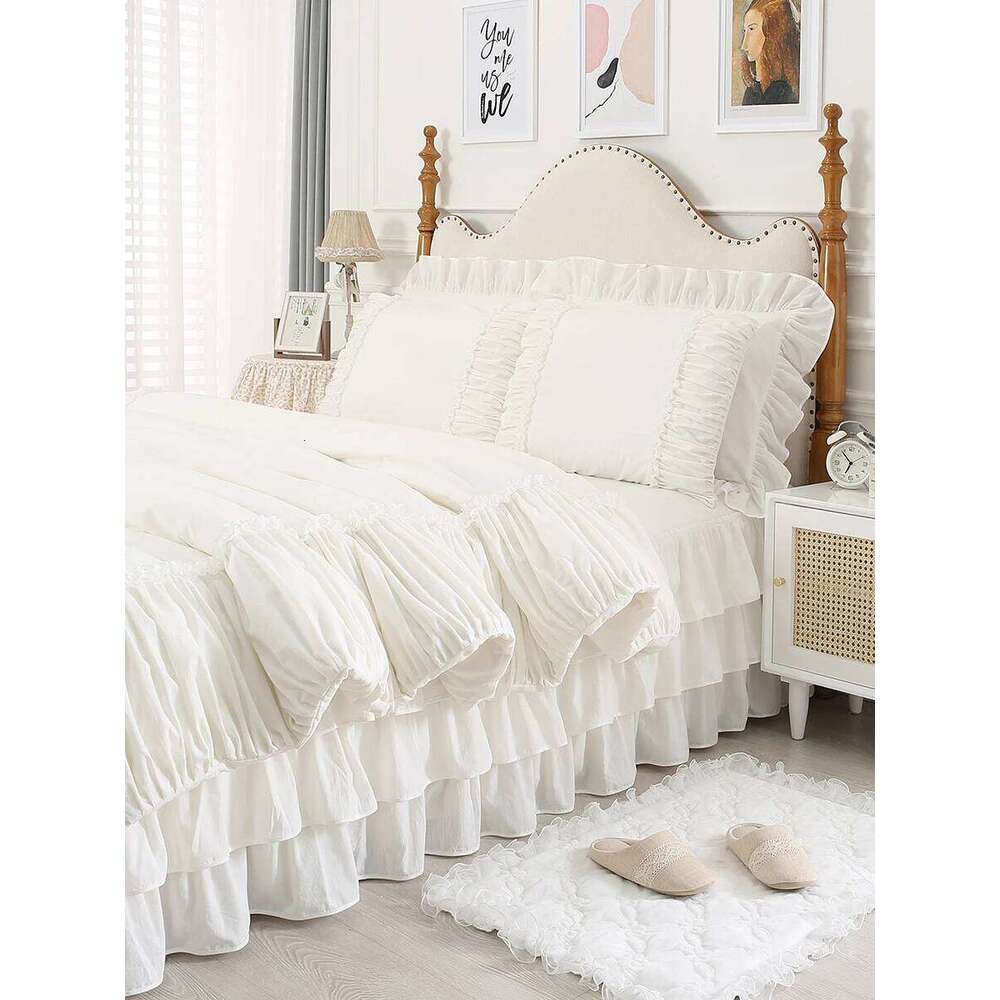 100% Premium Cotton Bedding Four Piece Set, Fairy Wind Lolita White Skirt Bed Sheet Quilt Cover, Ruffle Edge Duvet Cover Set W260302