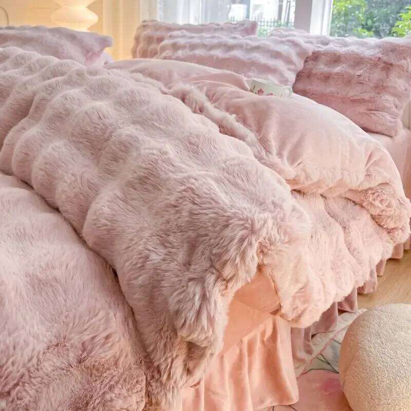 For Double-sided Milk Coral Flannel Bed Set Class A Thickened Rabbit Plush Quilt Cover Pillowcase Sheet Four-piece S W260302