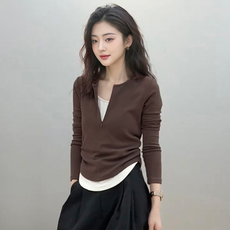 Spring And Autumn New Korean Style Slimming Long Sleeve T-shirt With Zipper Designer Shirt Design For Polo Shirt Women Faux Designer Hoodie Two-piece Top