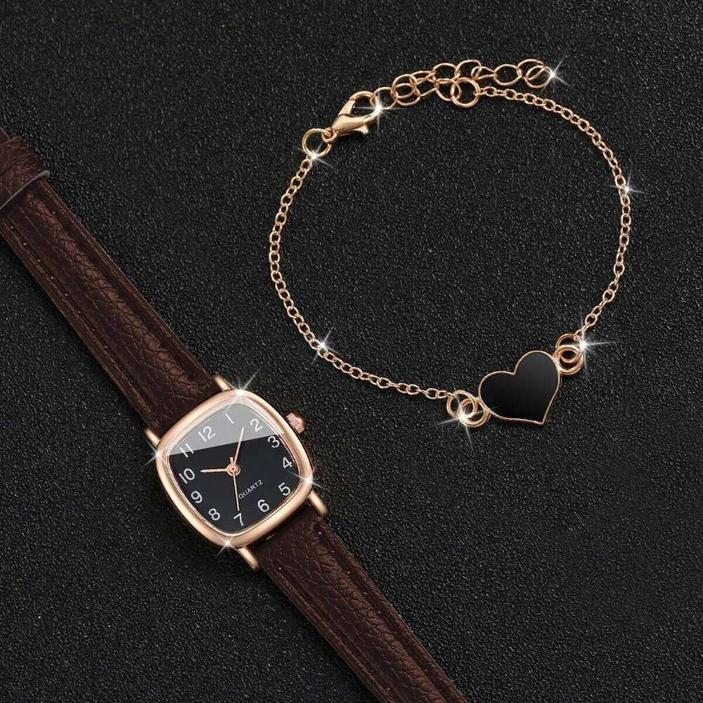 2PCS/Set Women's Watch Fashion Square Arabic Quartz Watches Leather Band Wristwatches Bracelet Set XJ260303