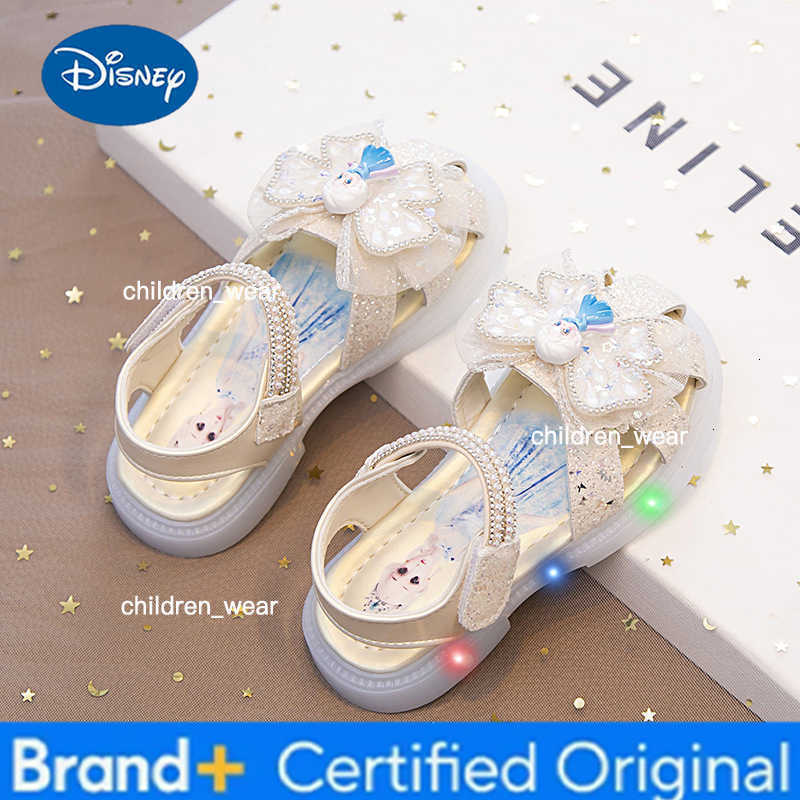 Disney KidsSandalsl Led Light Elsa Princess Frozen PU Leather Sequin Pearl Summer Shoes Anti-slip Breathable Pink Blue Size 22-32 H260303
