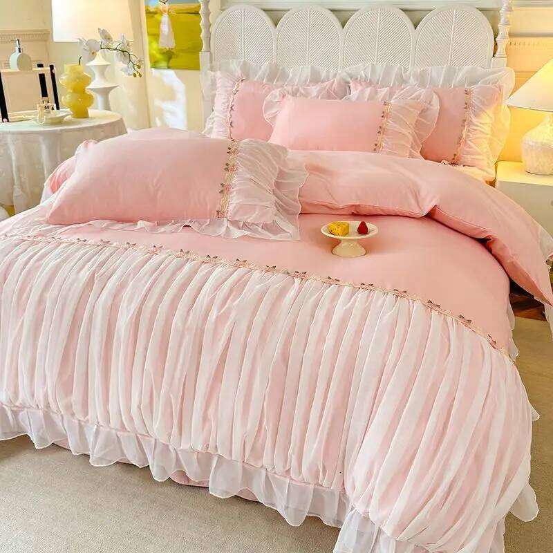 Light Luxury French Four-piece Bedding Set Washed Cotton High-grade Fairy Solid Color Bed Sheet Quilt Cover W260302