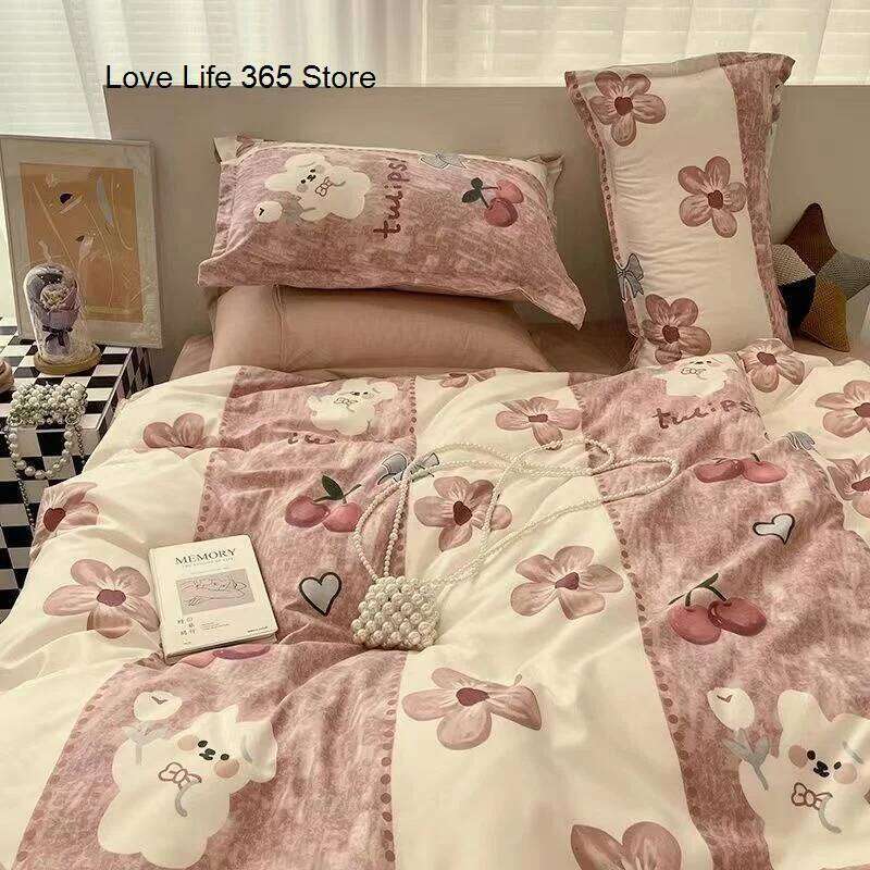 INS Pink Solid Color Bedding Set Girls Boys Single Double Size Flat Sheet Duvet Cover Pillowcase Bed Linens Home Textile W260302