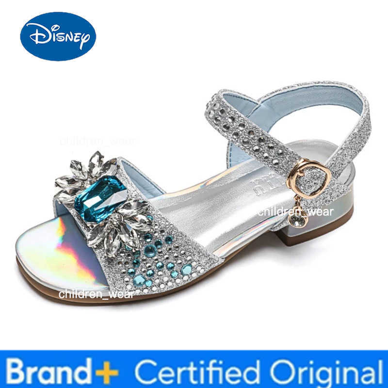 Disney Girls Crystal Princess Shoes 2025 Summer New Thick Heel Childrens Sandals Fashion Rhinestone Girls Performance Beach Shoes H260303