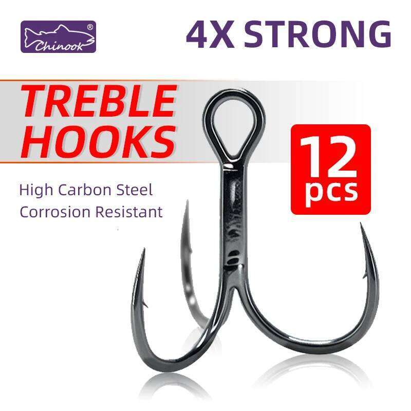 12pcs Chinook Treble 4X Strong High Carbon Steel Sea Fishing Hooks for Hard Lures Freshwater Saltwater Z260228