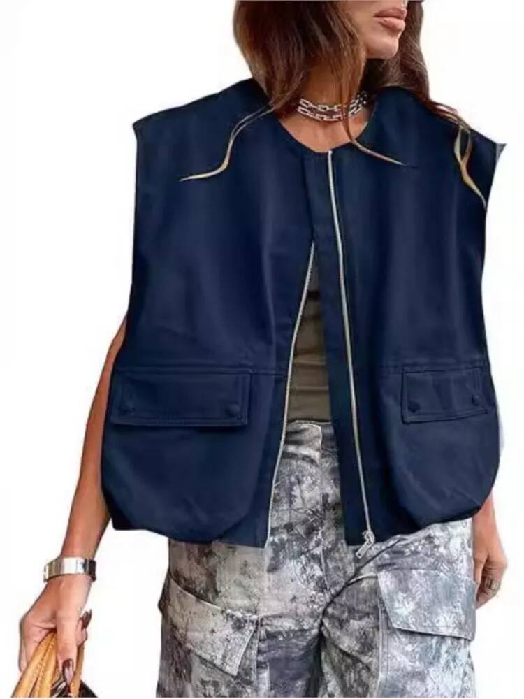 Women's Zip Up Vest Fashion Sleeveless Loose Jacket Solid Color Oversized Jackets 2025 Spring Autumn Casual Street Style Tops dongdumaoyi