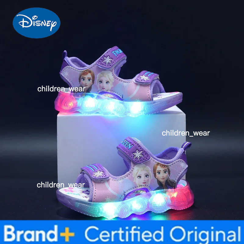 Disney Summer Girls Fashion Frozen Elsa Princess Led Light Up Luminous Sports Sandals Kids Non-slip Outdoor Sandals Toddler Shoe H260303