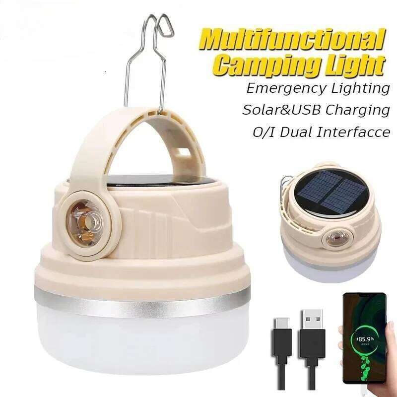 Outdoor Solar Camping Flashlight USB Rechargeable Light Emergency Power Bank Waterproof Hunting Fishing with Hook Side Lamp S260302