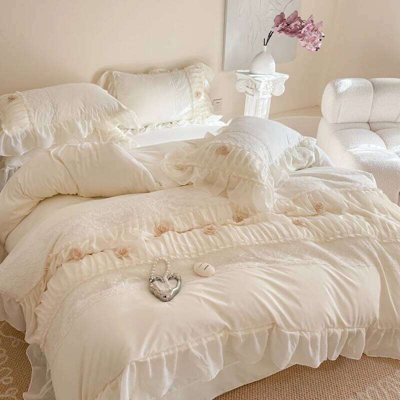 4 Pieces Of Korean Princess Style Cotton 100% Girly Lace Bedding Set Duvet Cover Bed Sheet 200x230 220x240 Four Seasons W260302