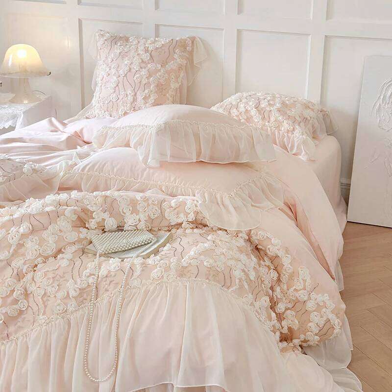 Korean Style Pink Lace Flowers Princess Bedding Set Egyptian Cotton Ruffles Comforter/Duvet Cover Bed Sheet Pillowcases W260302