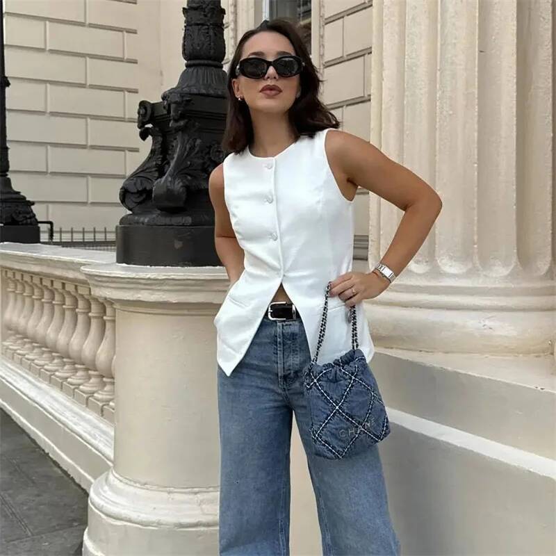 2025 White Sleeveless Button Summer Vests for Jacket Pink Top Women Streetwear Women's Tailored Vest dongdumaoyi