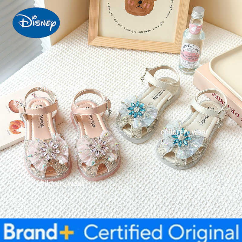 Disney Childrens Sandals Summer Girls Princess Toe Wrapped Flat Shoes Fashion Rhinestone Glitter Kids Causal Cut-outs Non-slip Sandals H260303