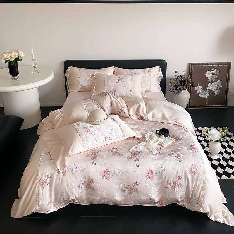 Vintage Jacquard Lyocell Bamboo Fiber Soft Silky Skin-friendly Bedding Set Duvet Cover Bed Sheet/Fitted Sheet Pillowcases 4Pcs W260302