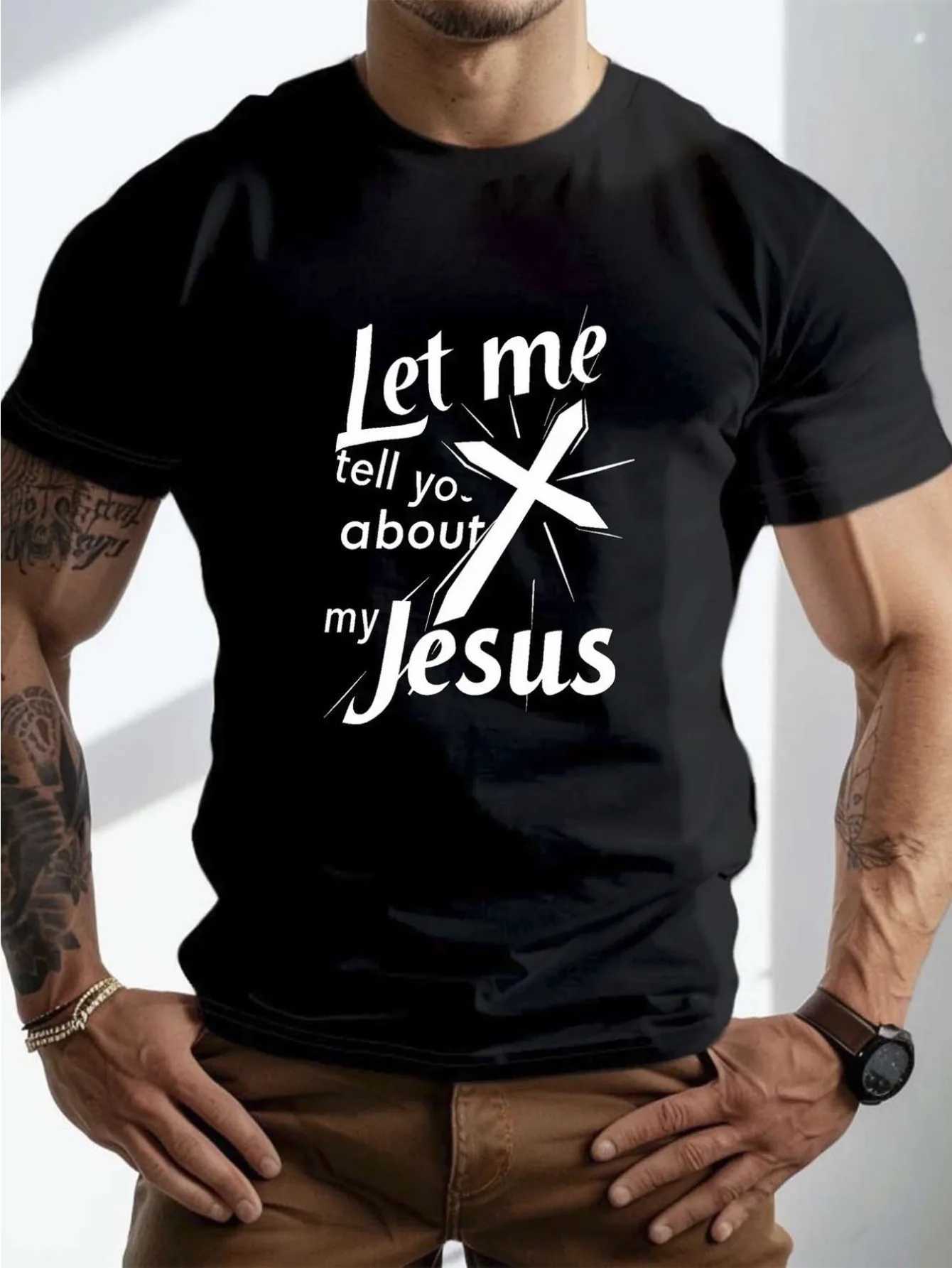T-shirt Christian "Let Me Tell You About My Jesus" Cross Scripture Print White Oversized Loose Fit Breathable TopT260303