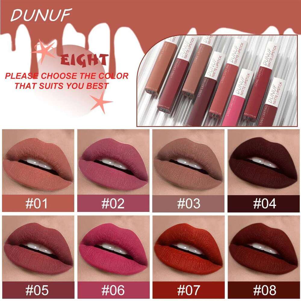 Long-Lasting Lip Gloss Lipstick 8pcs/set: Matte Non-Stick Cup Waterproof Nude Deep Red Mauve Christmas And Valentine's Day Gifts H260302