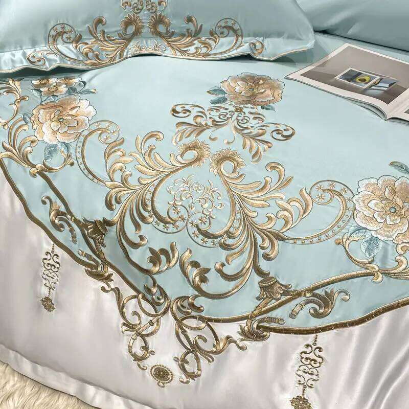 Green Satin Cotton Bedding Set Luxury Golden Embroidered Duvet Cover Flat/Fitted Bed Sheet Pillowcases Home Textile W260302