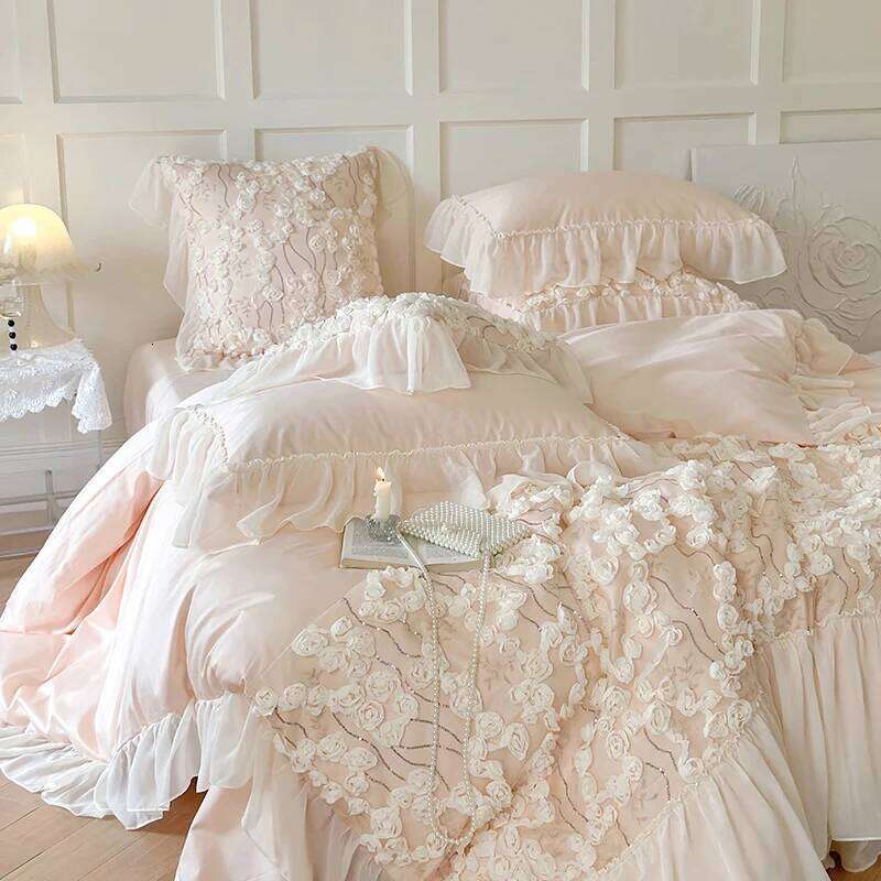 Korean Style Pink Lace Flowers Princess Bedding Set Egyptian Cotton Ruffles Comforter/Duvet Cover Bed Sheet Pillowcases W260302