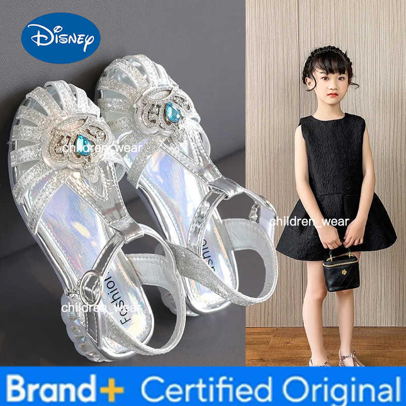 Disney Girls Princess Sandals 2024 New Summer Crown Baby Soft Sole Childrens Crystal Shoes H260303
