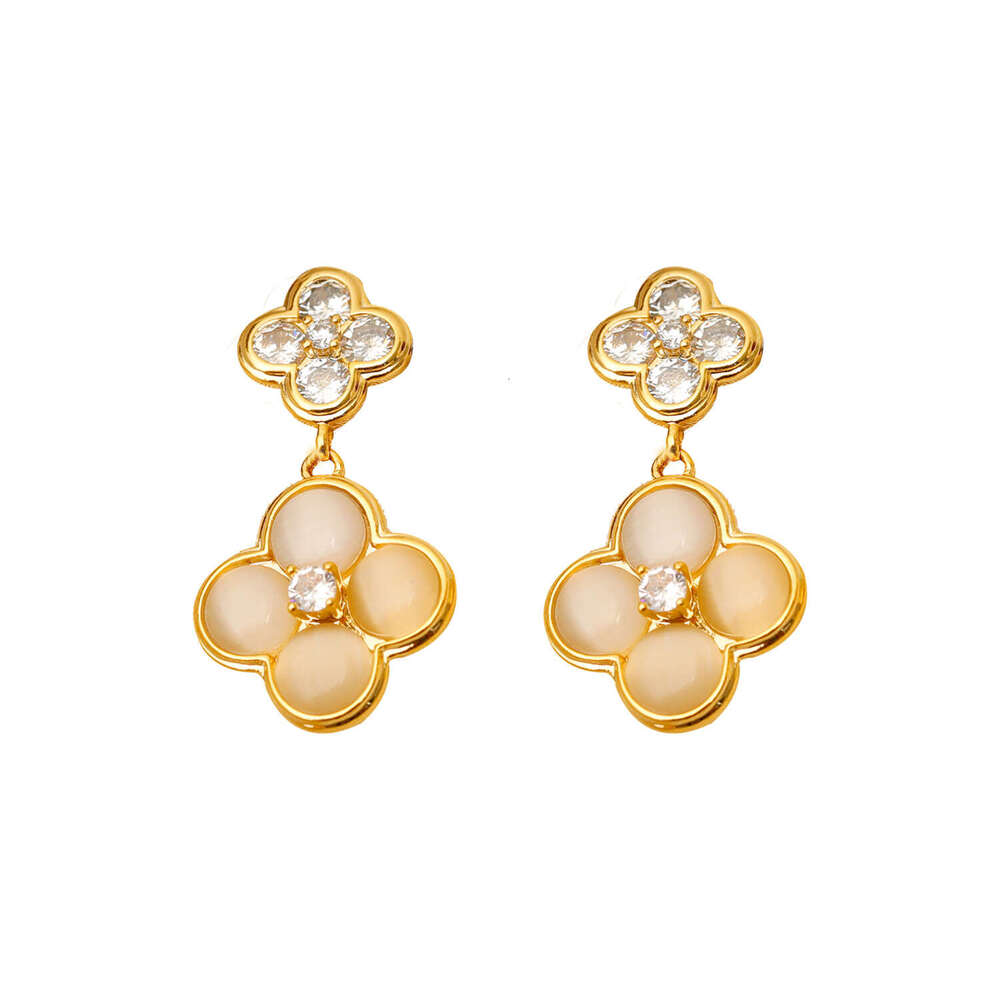Versatile Cat's Eye Stone Earrings Four-leaf Clover Earrings Light Luxury Zirconia Inlaid Jewelry For Women