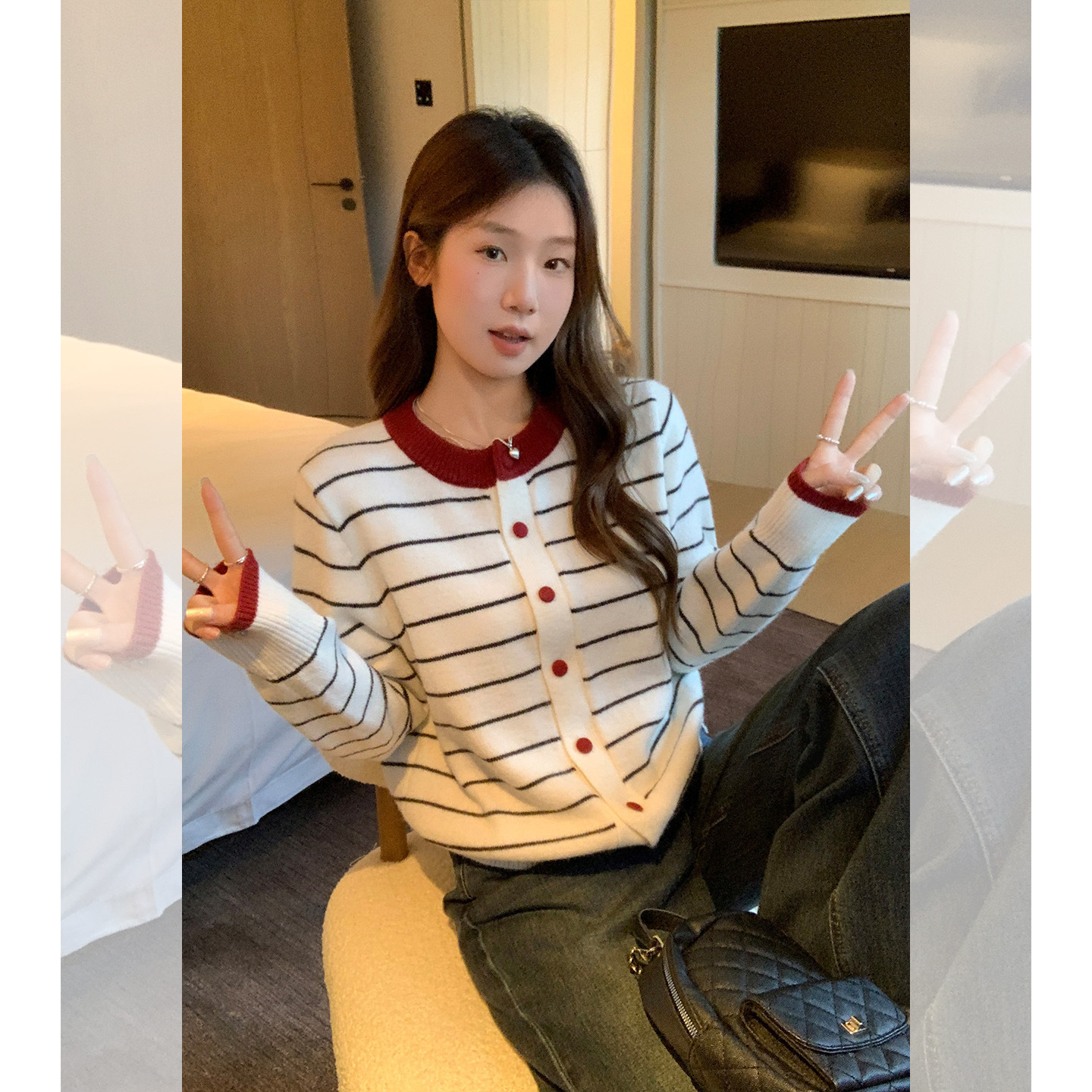 Designer Shirt Retro Round Neck Striped Patchwork Contrast Polo Shirt Color Long Sleeve Knit Cardigan For Women Loose Slimming Designer Hoodie Sweater Coat For Fall