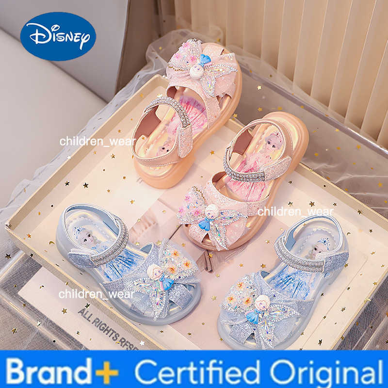 Disney Sandals Girls Princess PU Leather Summer Fashion Crystal Sequin Flat Bottom Shoes For Breathable Anti-slip Blue Pink Size 23-33 H260303