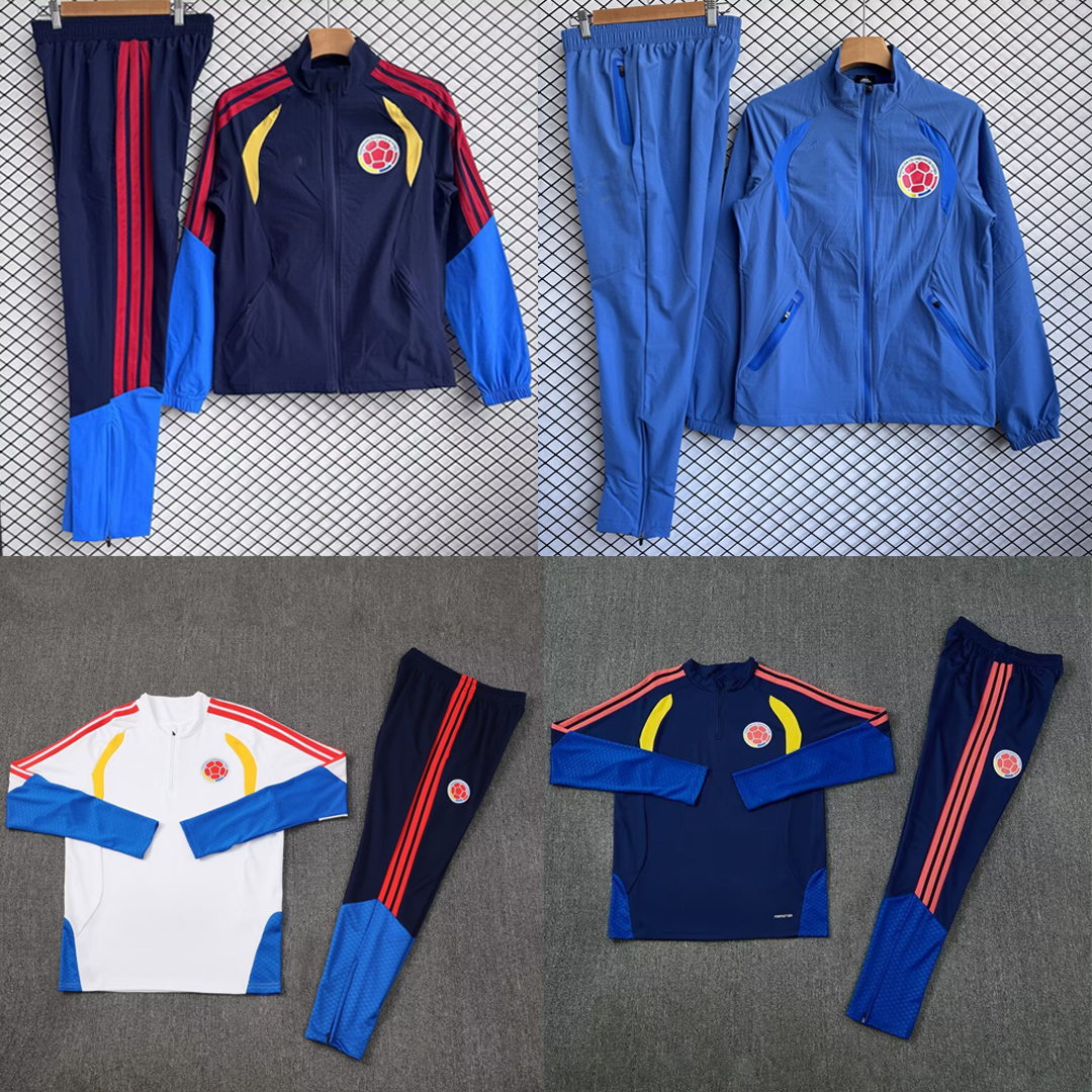Colombia 2026 + Retro Training Soccer Jacket Suit windbreaker reversible Football Shirt zipper coat suit pants and top long sleeve sets blue white