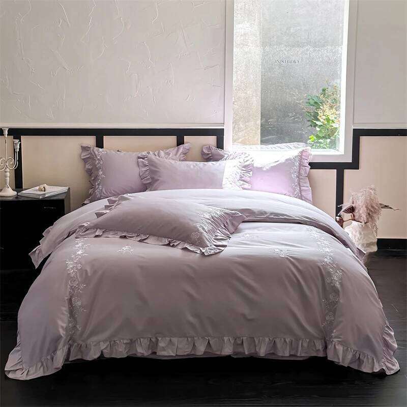 Flowers Embroidery Ruffles Purple Luxury Bedding Set 1000TC Egyptian Cotton Duvet Cover Flat/Fitted Bed Sheet Pillowcases 4Pcs W260302