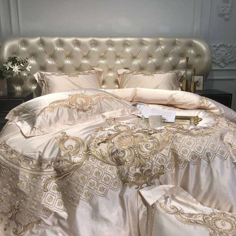 Royal Golden Embroidery European Palace Luxury Bedding Set Champagne Brocade Egyptian Cotton Duvet Cover Bed Sheet Pillowcases W260302