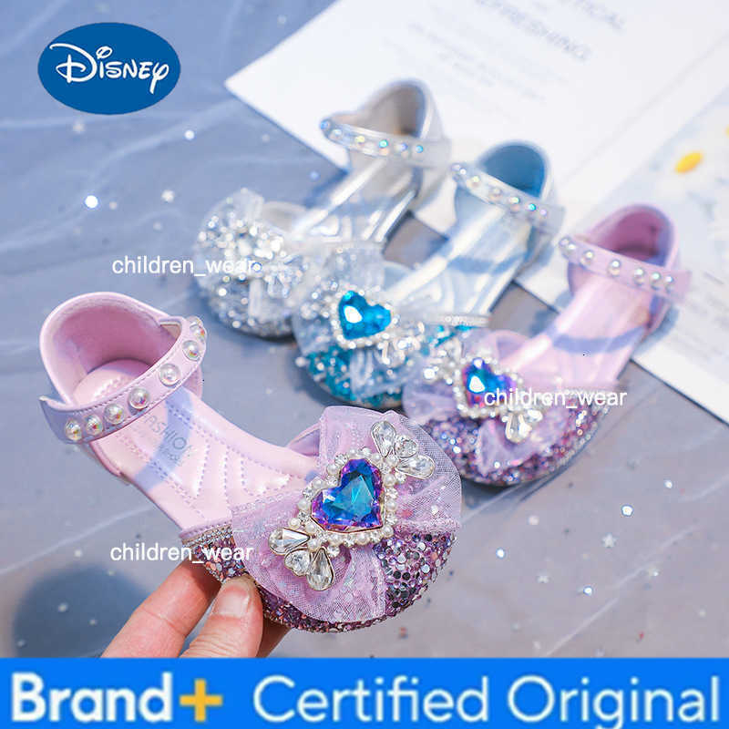 Disney KidsCasual Shoes Elsa Princess Frozen PU Leather Summer Shoes For Girls Sequin Bow Breathable Sliver Blue Purple Size 23-34 H260303