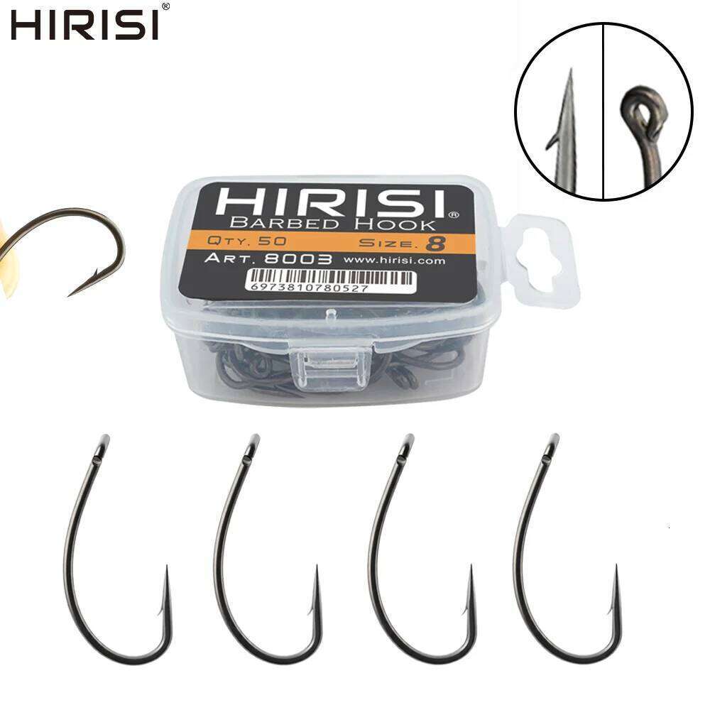 Hirisi 50pcs Coating High Carbon Stainless Steel Barbed Carp Fishing Hooks Pack with Retail Original Box 8003 Z260228