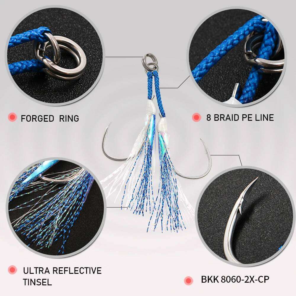 JIGGING PRO Twin Assist Hooks 1/0 2/0 3/0 4/0 Double Barbed BKK High Carbon Steel Fishing With Glow Feather Jigging Hook Z260228