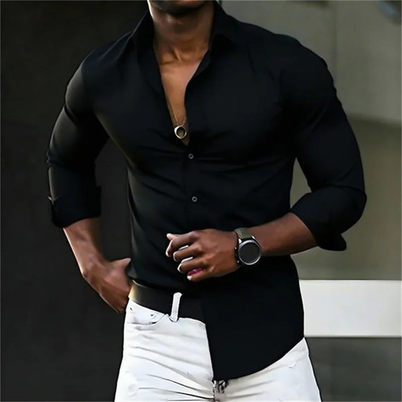 mens shirt solid color long sleeve casual fashion black and white multi-color optional all seasons business mens shirt 260227