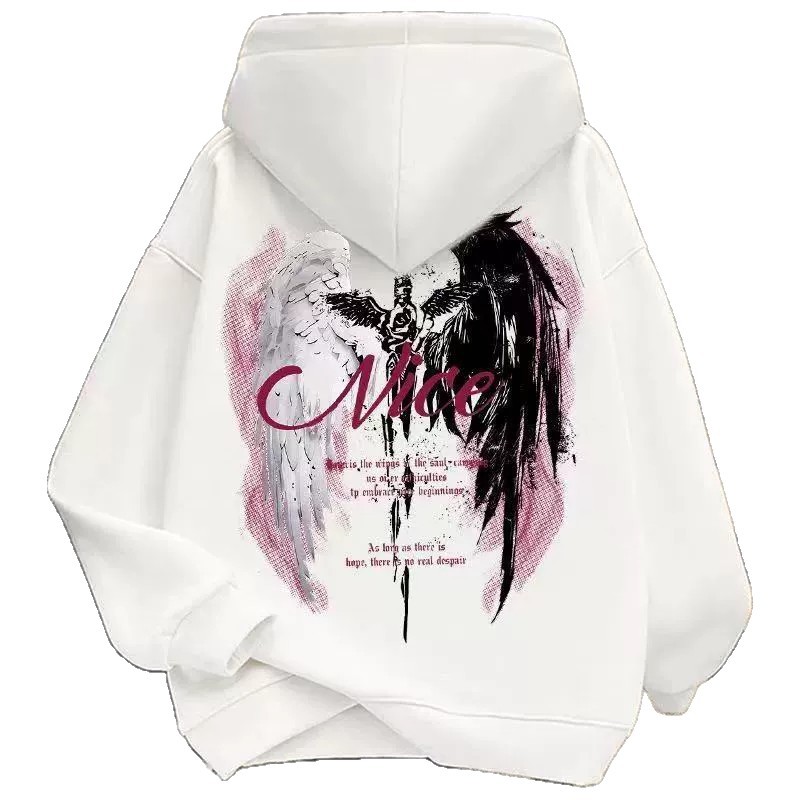 American Vintage Street Wing Sword Print Hoodie, Unisex Autumn Winter Trendy Ins Style Loose Fleece Hooded Sweatshirt