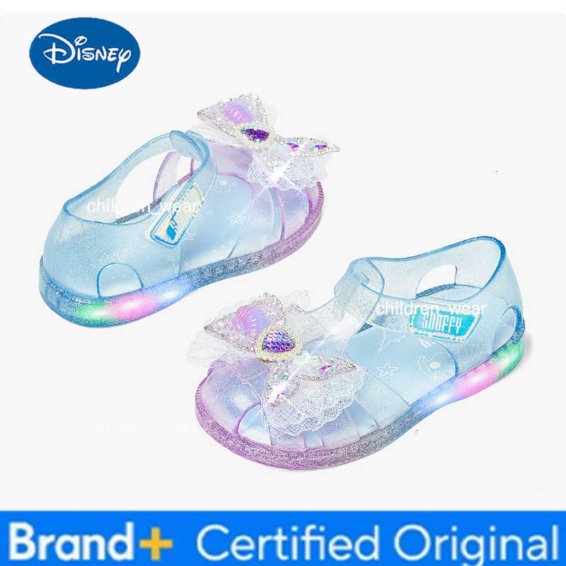 Disney KidsCasual Shoes Sandals Cartoon PVC Lace Bow Fashion Summer Flat Shoes For Children Anti-slip Breathable Blue Size 25-29 H260303